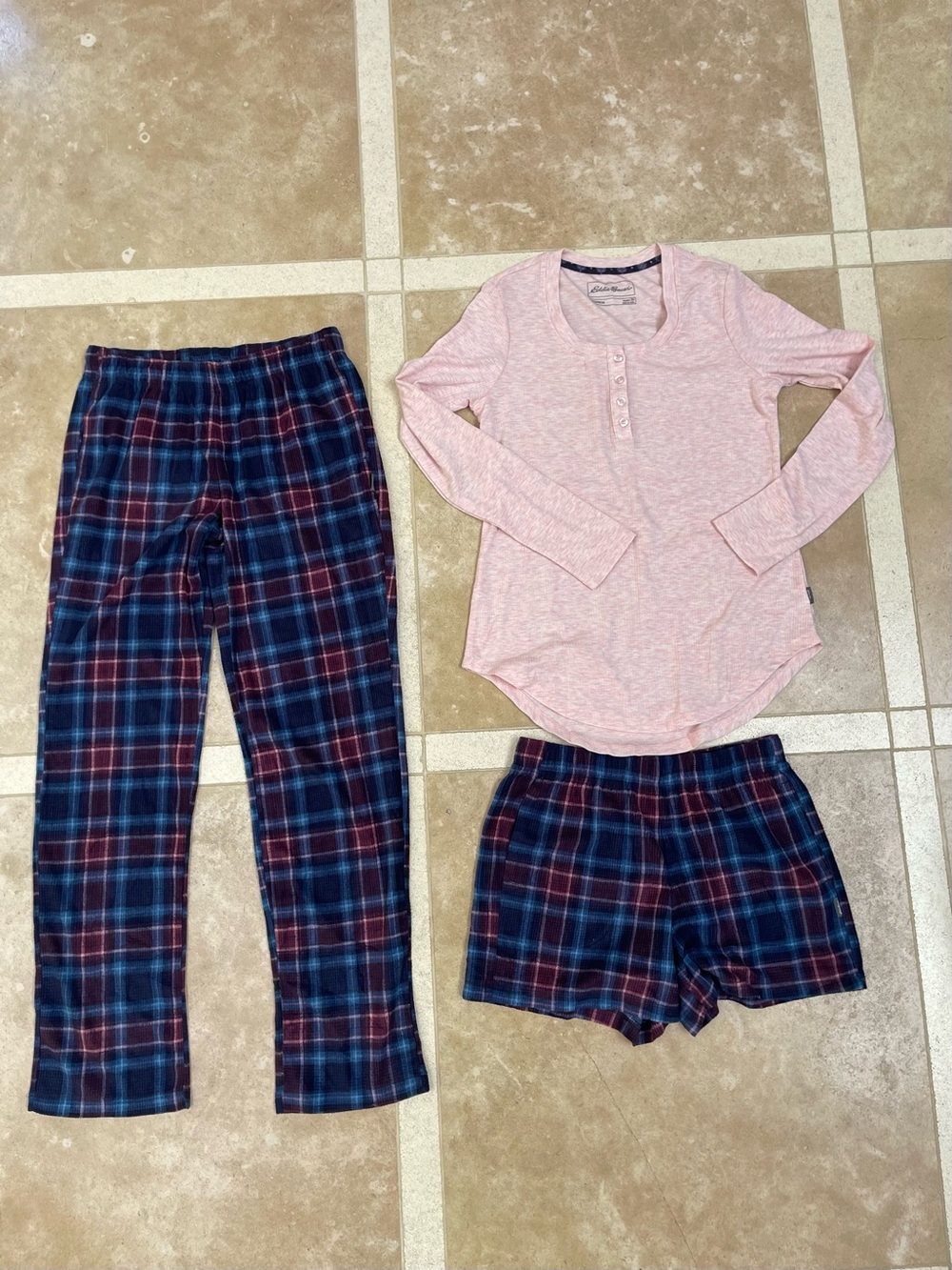 Pink Henley Top with Navy & Red Plaid Pajama Set